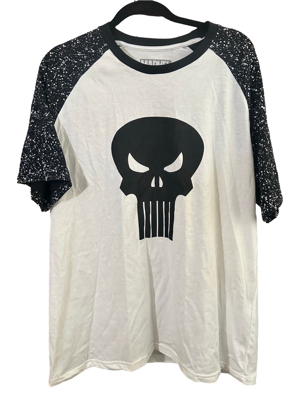 Marvel Punisher Jagged Skull Short Sleeve Raglan Black White Splatter Size XL